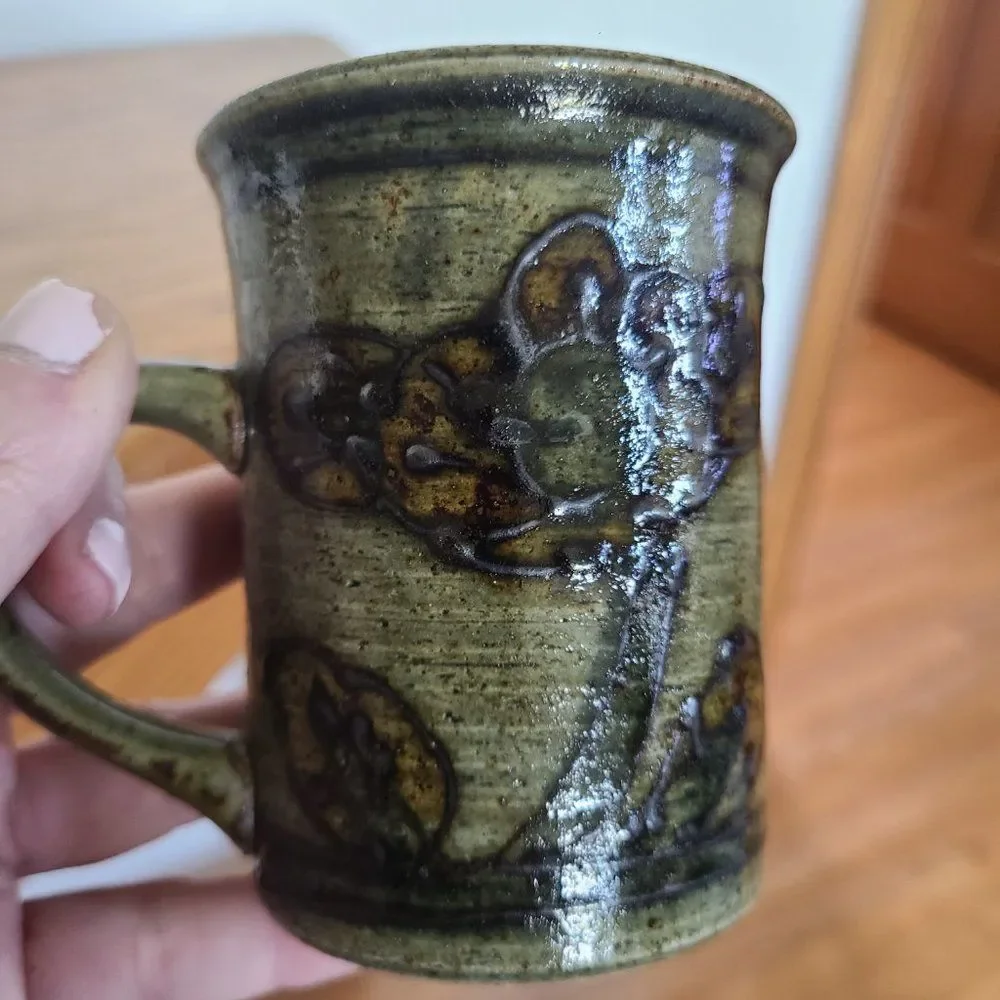 Vintage Handmade Brown Stoneware Glazed Pottery Coffee Mugs Tea Cups Eclectic
